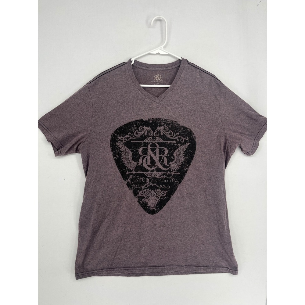 Rock & Republic Mens XL V-Neck Graphic T-Shirt Guitar Pick Logo Purple Heather
